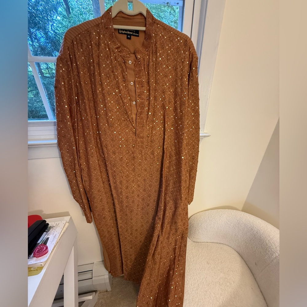 Men’s Embroidered Brown Peach Kurta and Pants